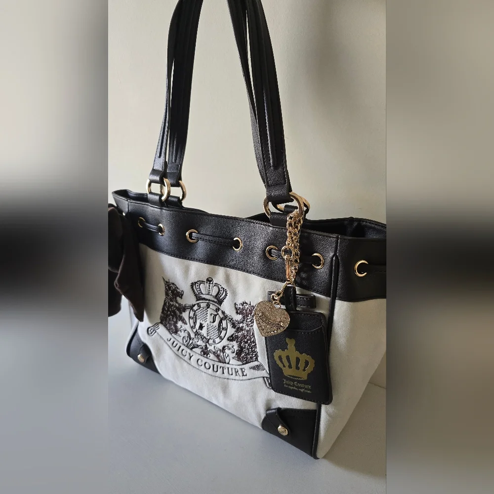 Juicy Couture Classic Scottie Dogs Tote Crystal Canvas Black Trim NWT